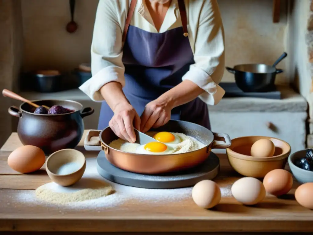 El ambiente nostálgico de una cocina en Normandía o Bretaña, con un panadero preparando una receta tradicional Far Breton