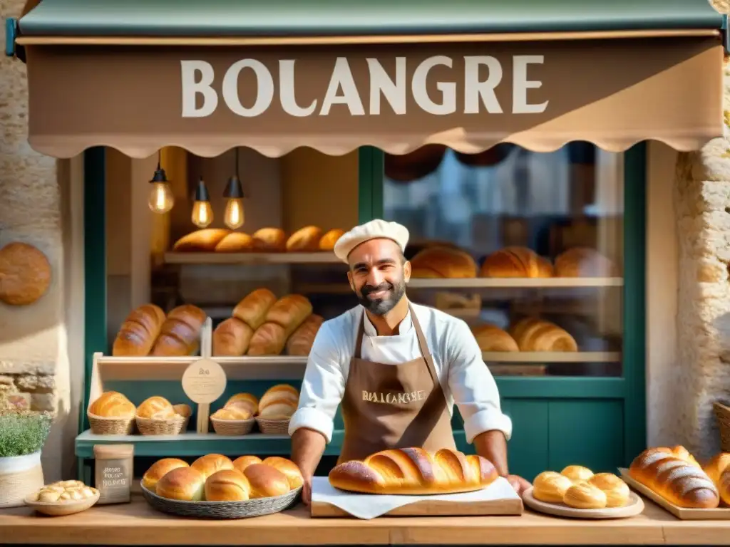 Ambiente de panadería francesa en Provence con panes y croissants recién horneados, reflejando la cultura panadera en la región