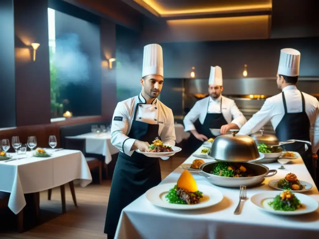 Ambiente refinado en restaurante estrella Michelin en Francia durante servicio animado