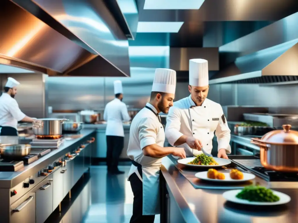 Un ambiente de restaurante francés innovador, chefs preparando platos en una cocina bulliciosa y detallada