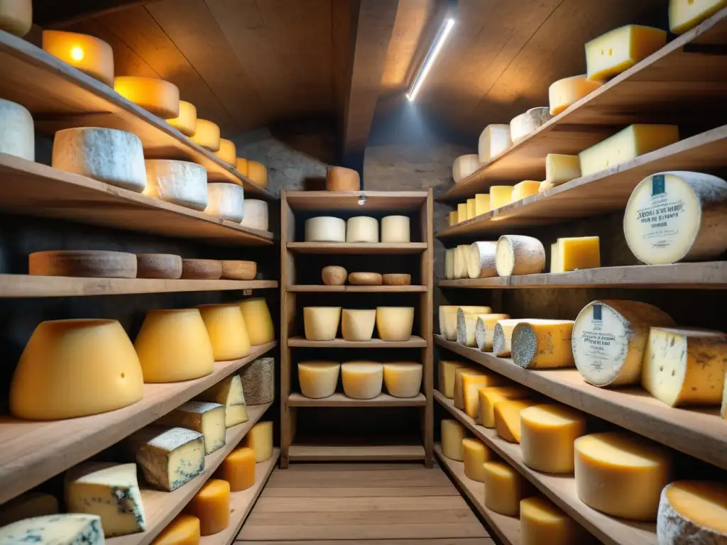 Un ambiente rústico en una bodega de quesos tradicionales de RódanoAlpes, con variedad de quesos madurando en estantes de madera