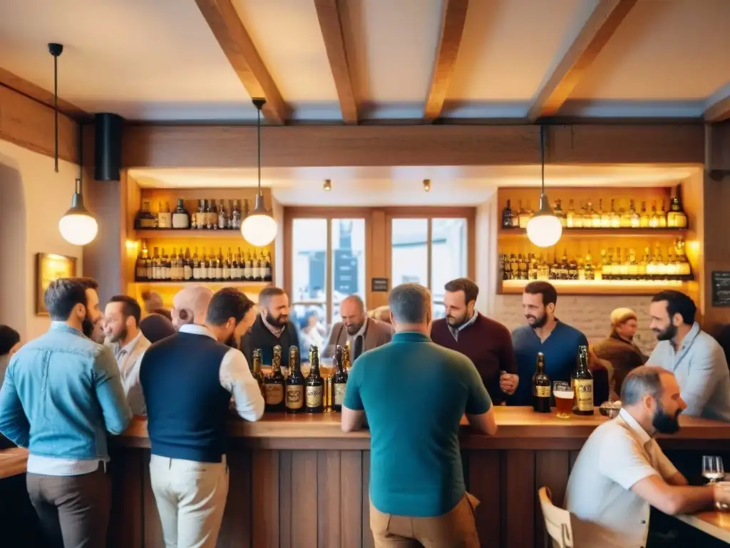 Ambiente vibrante en evento cerveza artesanal Francia, con locales y turistas disfrutando de variedad de cervezas francesas en brasserie tradicional