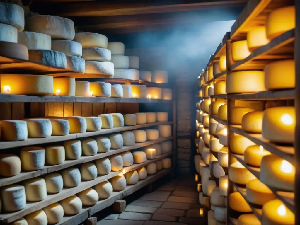 Un rincón ancestral de quesos Brie de Meaux en una bodega francesa, resaltando el legado cultural queso francés historias