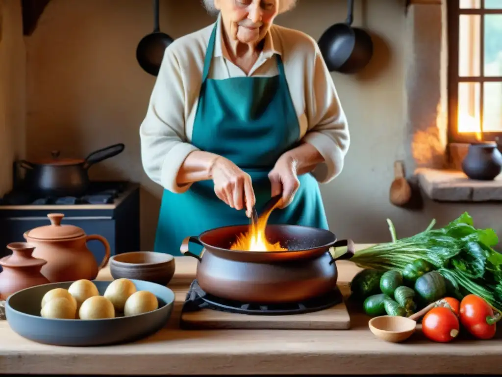 Una anciana prepara con amor una receta tradicional Potee Normande en una cocina rústica en Normandía, Francia