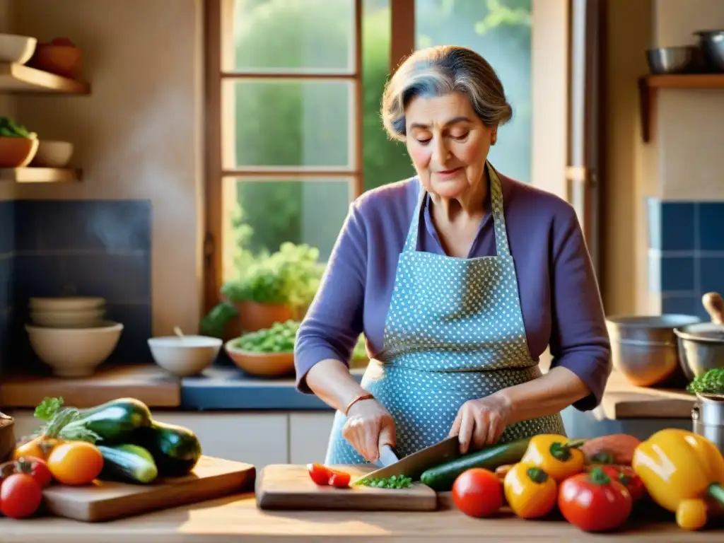 Una anciana francesa corta vegetales frescos para una receta tradicional ratatouille provenza en una cocina provenzal