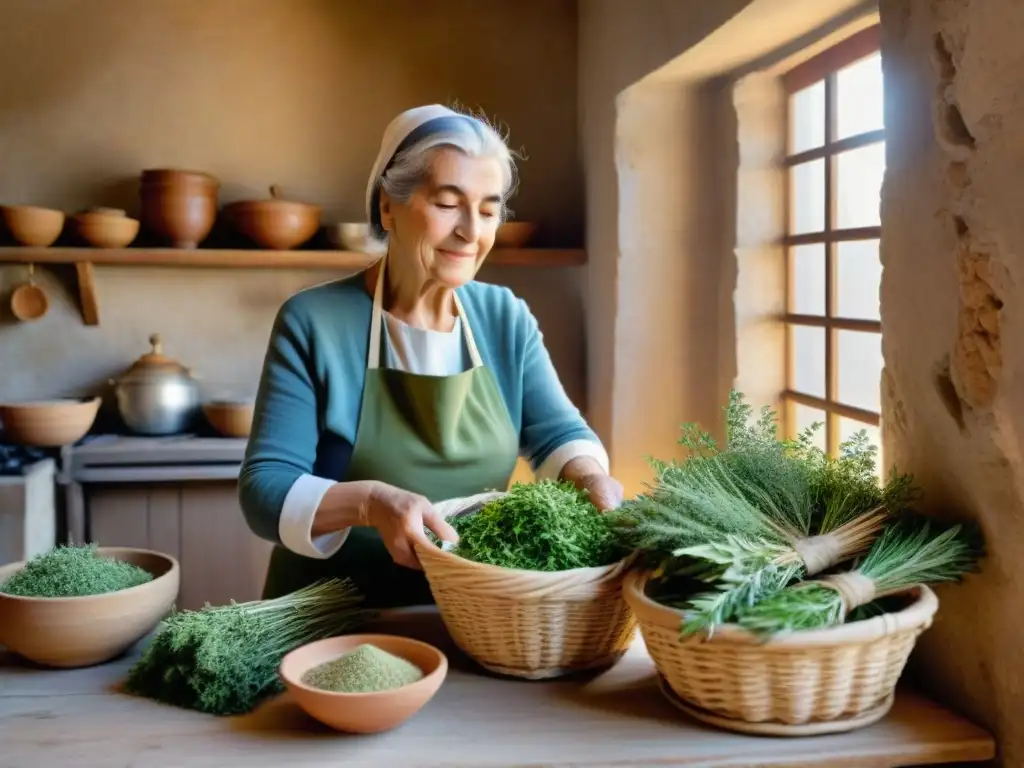 Una anciana francesa selecciona hierbas de Provenza en una cocina rústica, atesorando tradiciones
