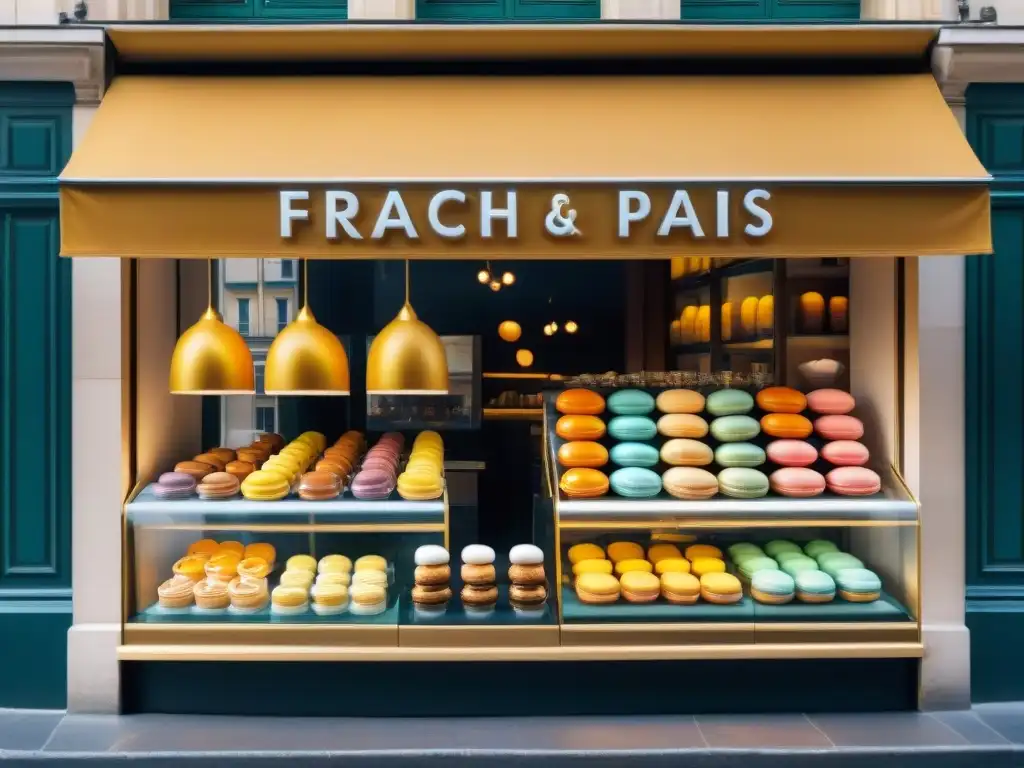 Una animada calle parisina llena de tiendas de repostería francesa innovadoras, con pasteles y macarons coloridos en escaparates elegantes