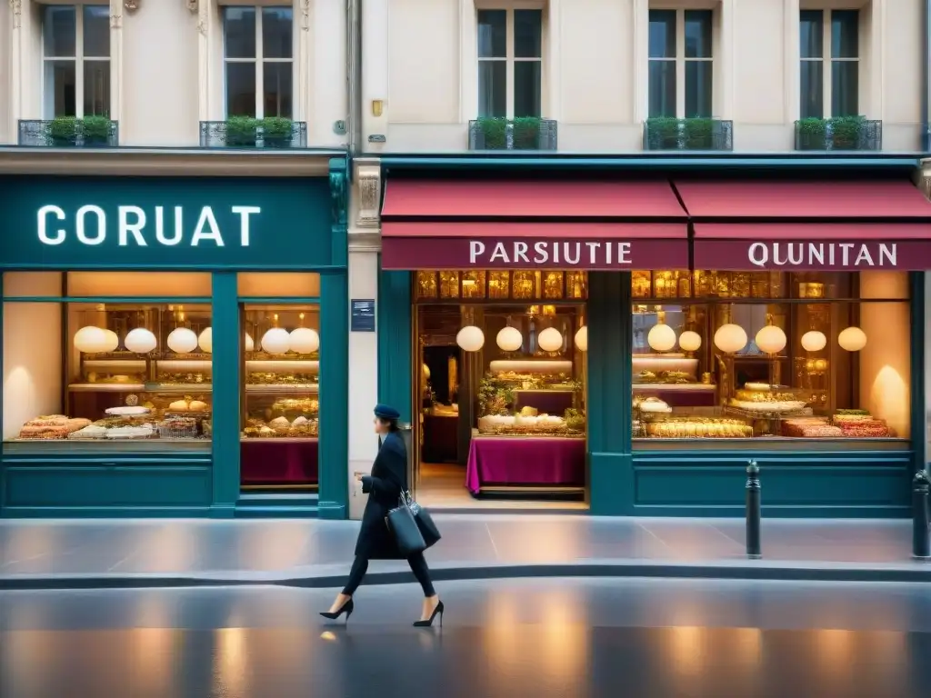 Una animada calle parisina muestra moda y gastronomía francesa en boutiques y bistros elegantes