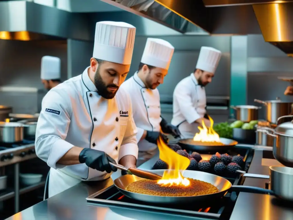 Una animada cocina francesa llena de chefs preparando platos innovadores con precisión y creatividad