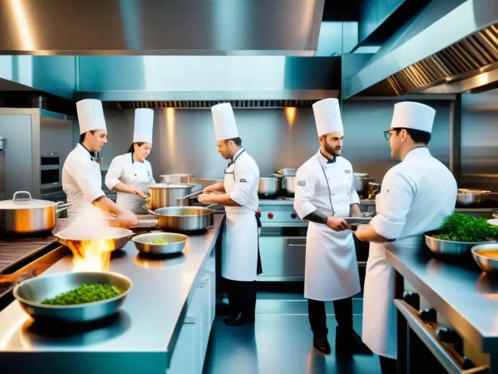 En una animada cocina de la mejor escuela de cocina francesa, alumnos crean platos exquisitos bajo la atenta mirada del chef