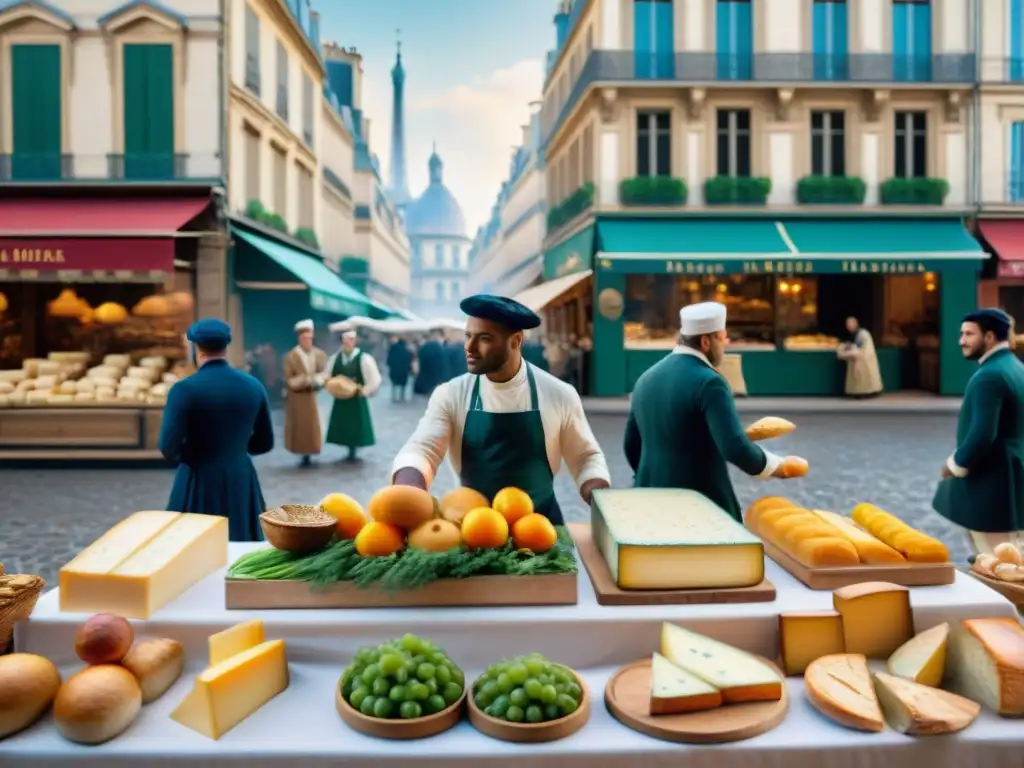 Una animada escena de las bulliciosas calles de París en el siglo XVIII, con vendedores de ingredientes frescos y coloridos como quesos artesanales, baguettes y vibrantes productos