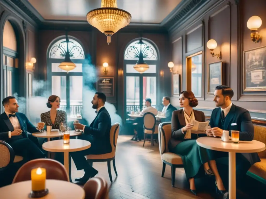 Una animada escena de café parisino de los años 20, con clientes conversando y bebiendo café