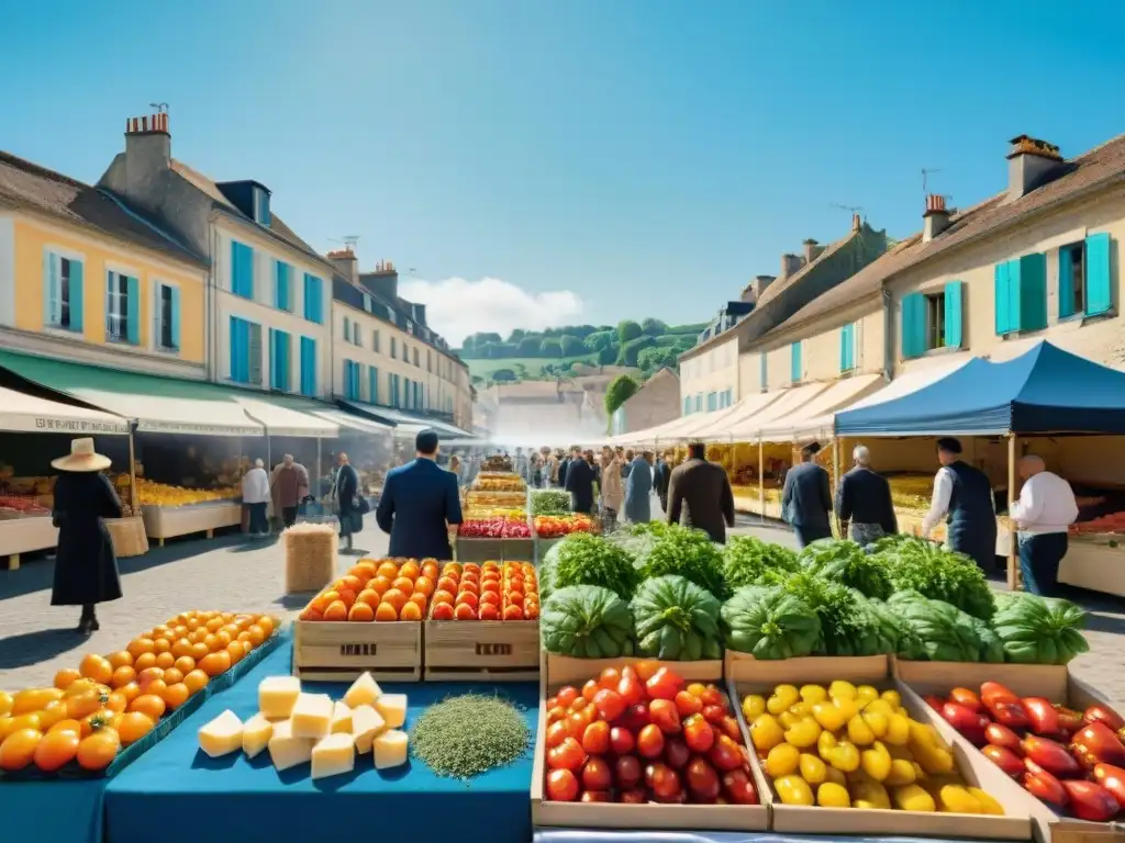 Una animada escena de un mercado de agricultores en Francia, con productos frescos y coloridos bajo un cielo azul