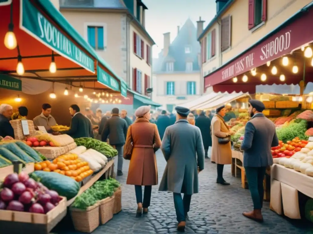 Una animada escena de mercado al aire libre en Francia, mostrando productos frescos, quesos artesanales y la arquitectura francesa