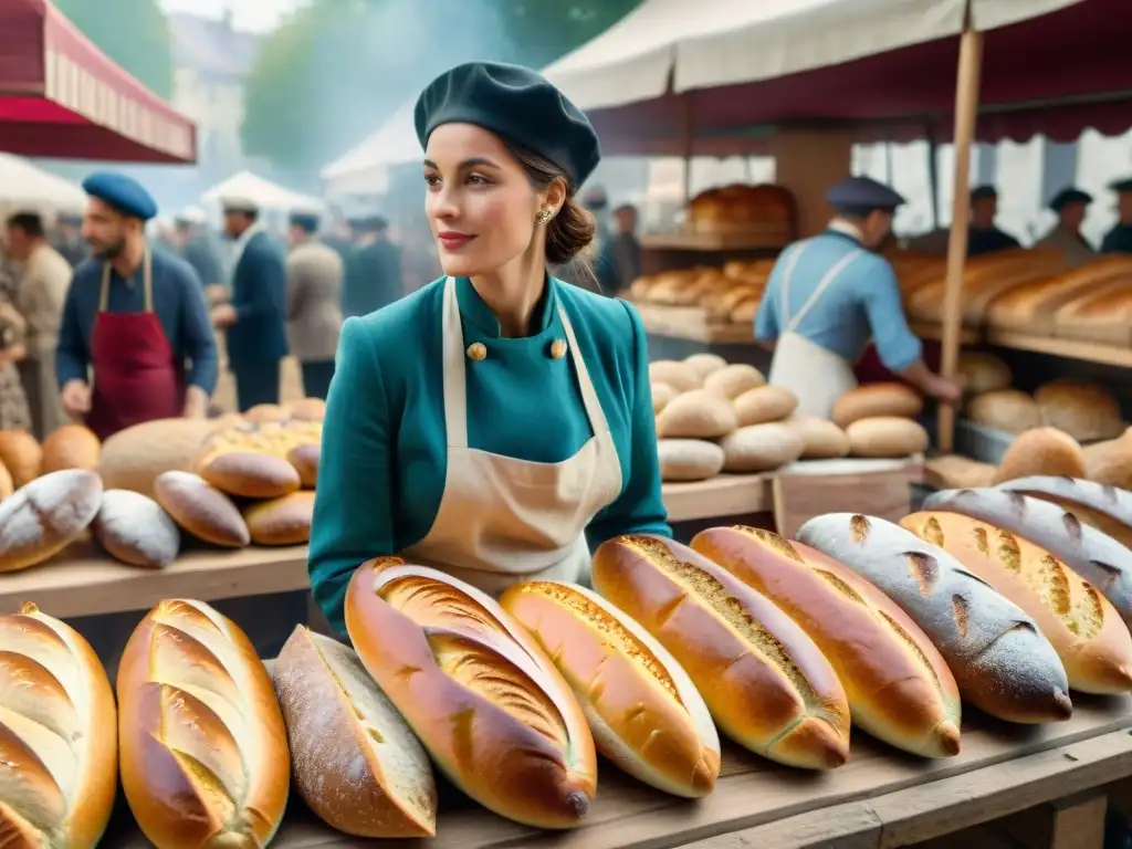 Una animada escena de mercado francés del siglo XX con pan recién horneado en venta, reflejando la evolución histórica del pan francés