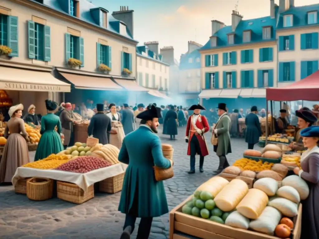 Una animada escena de mercado francés durante la Revolución, con personas de diferentes clases sociales intercambiando bienes