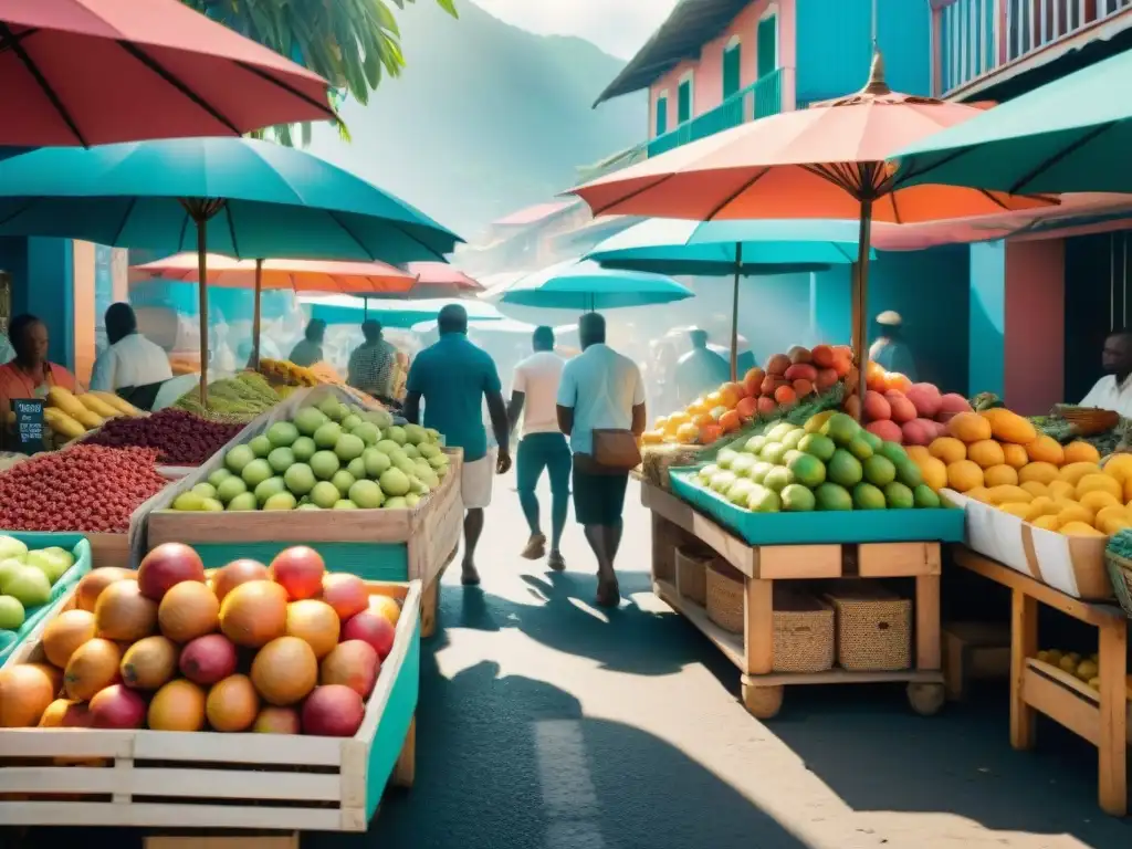 Una animada escena de mercado en Martinica, fusiones culinarias en vibrantes colores y sabores