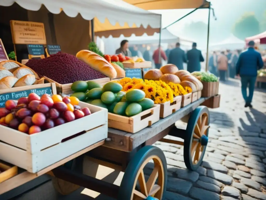 Una animada escena de mercado en Francia con productos frescos y coloridos, ofreciendo una auténtica experiencia gastronómica en Francia