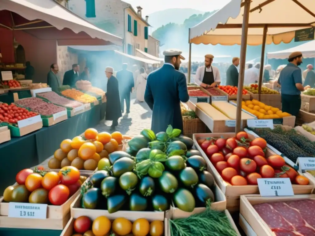 Una animada escena de mercado en Provenza, Francia, llena de coloridos tomates, hierbas aromáticas, quesos artesanales y embutidos