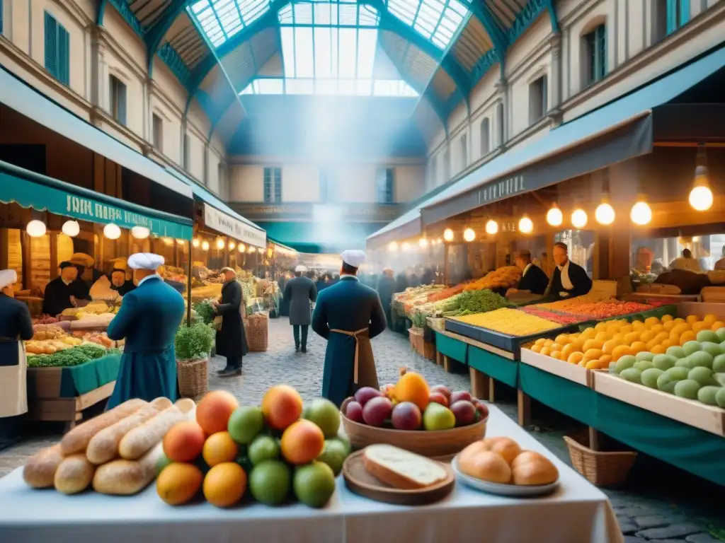 Una animada escena de mercado durante la Revolución Francesa, con vendedores mostrando frutas y verduras, y un chef explicando técnicas culinarias