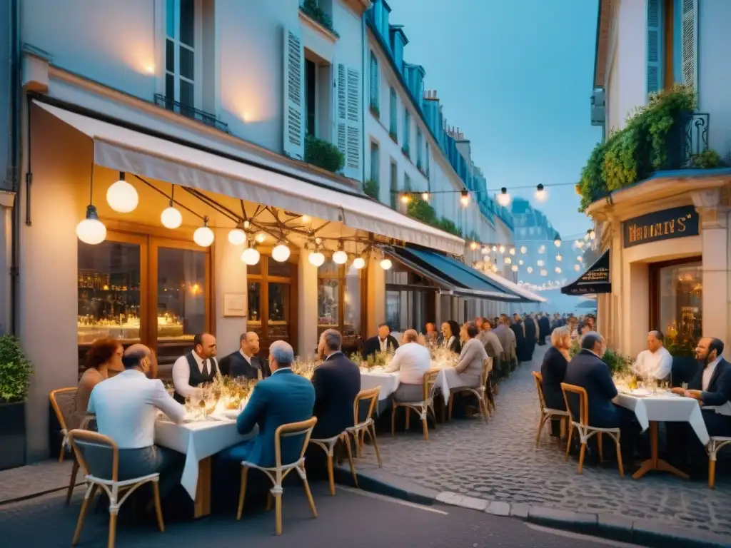 Una animada esquina parisina con Cenas PopUp gastronomía francesa, mesas elegantes, luces y arte callejero