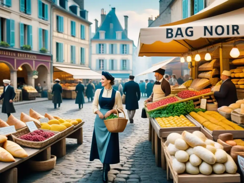 Una animada plaza francesa del siglo XIX con vendedores de baguettes, quesos y productos frescos