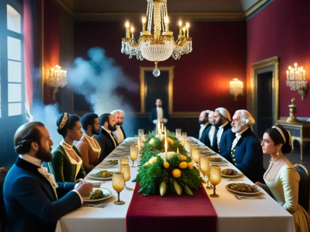 Animadas conversaciones en un salón de banquetes revolucionarios de la gastronomía francesa, iluminado por velas