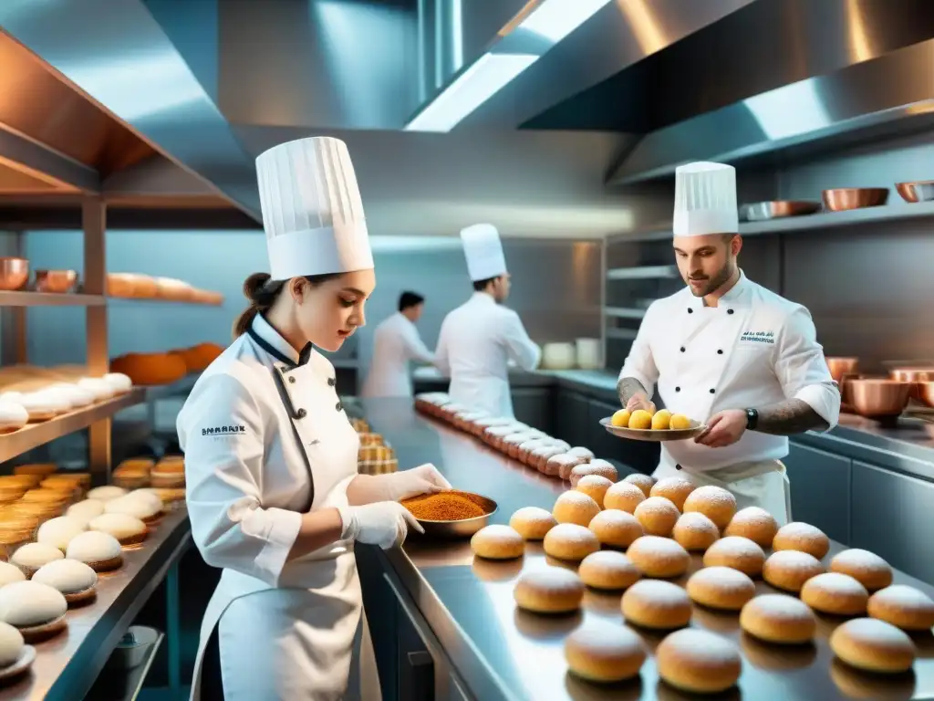 Animado ambiente de aprendizaje en una escuela de cocina en Francia, con estudiantes concentrados en tareas culinarias