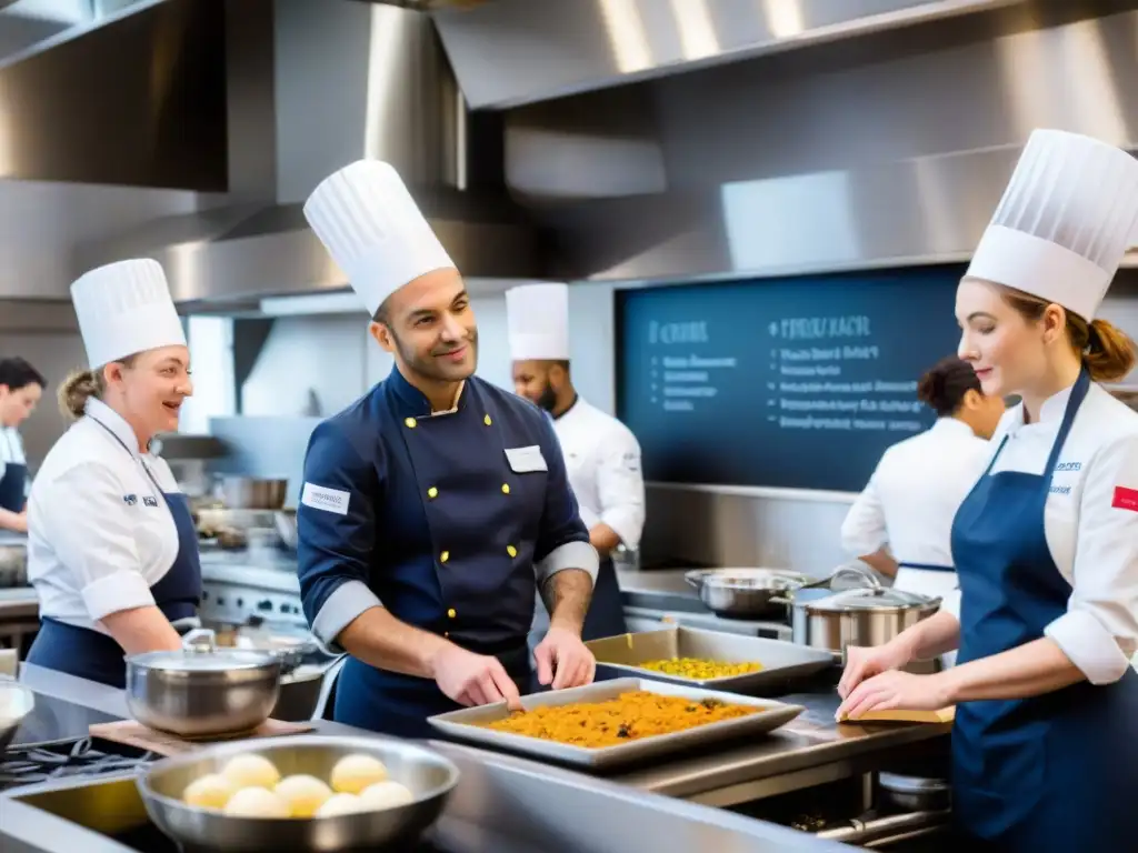 Animado aula de cocina en escuela culinaria francesa, con diversidad de estudiantes concentrados en sus tareas culinarias