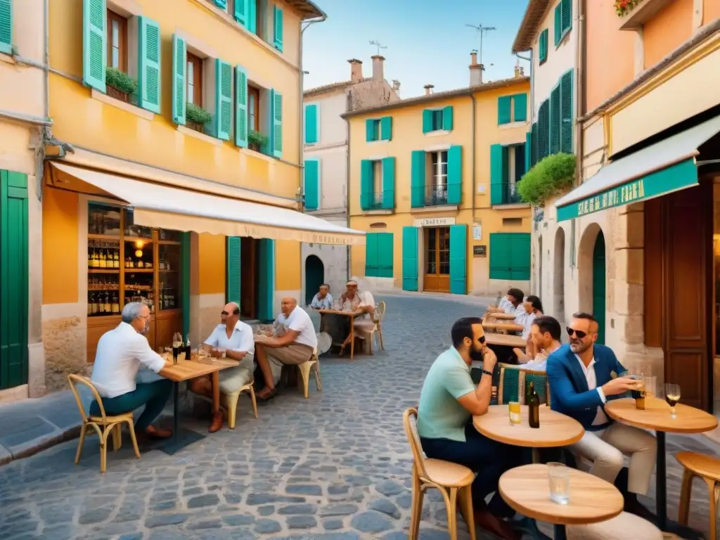 Un animado café al aire libre en el sur de Francia, con locales disfrutando de pastis