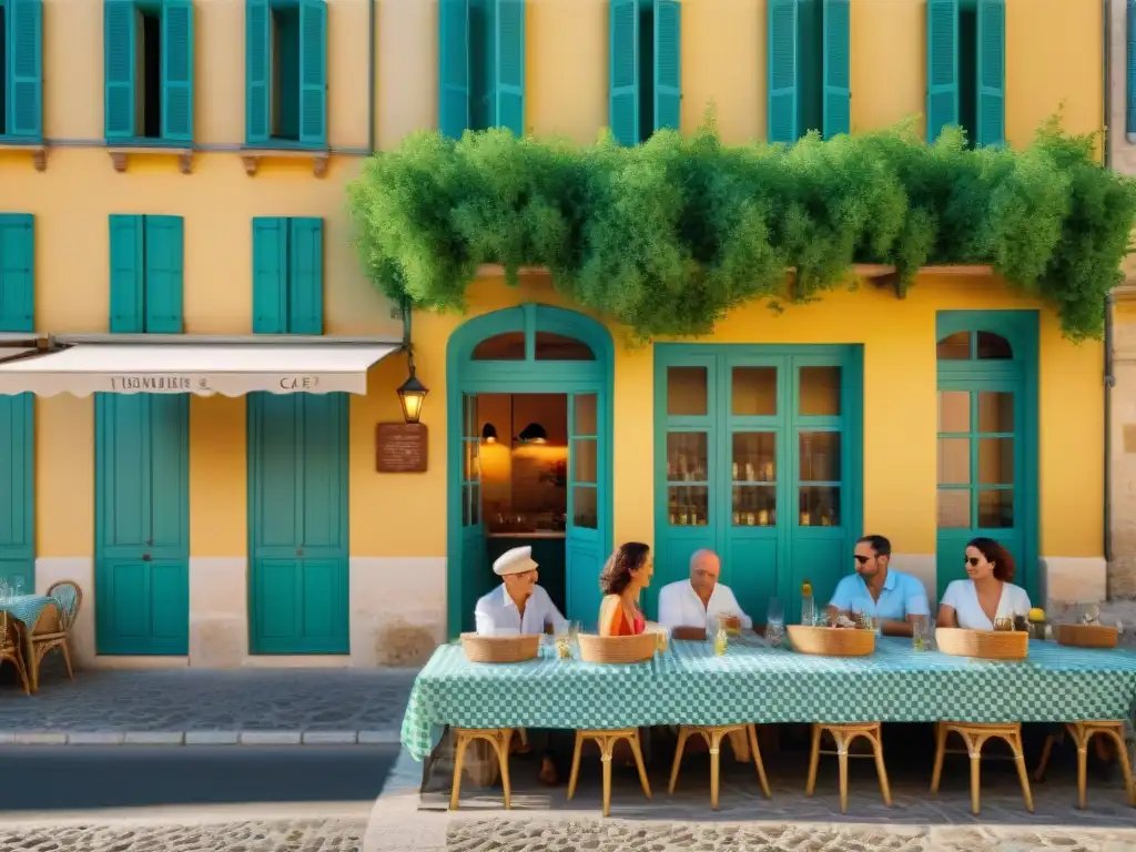 Un animado café al aire libre en el sur de Francia, perfecto para degustar pastis y sumergirse en la auténtica cultura provenzal