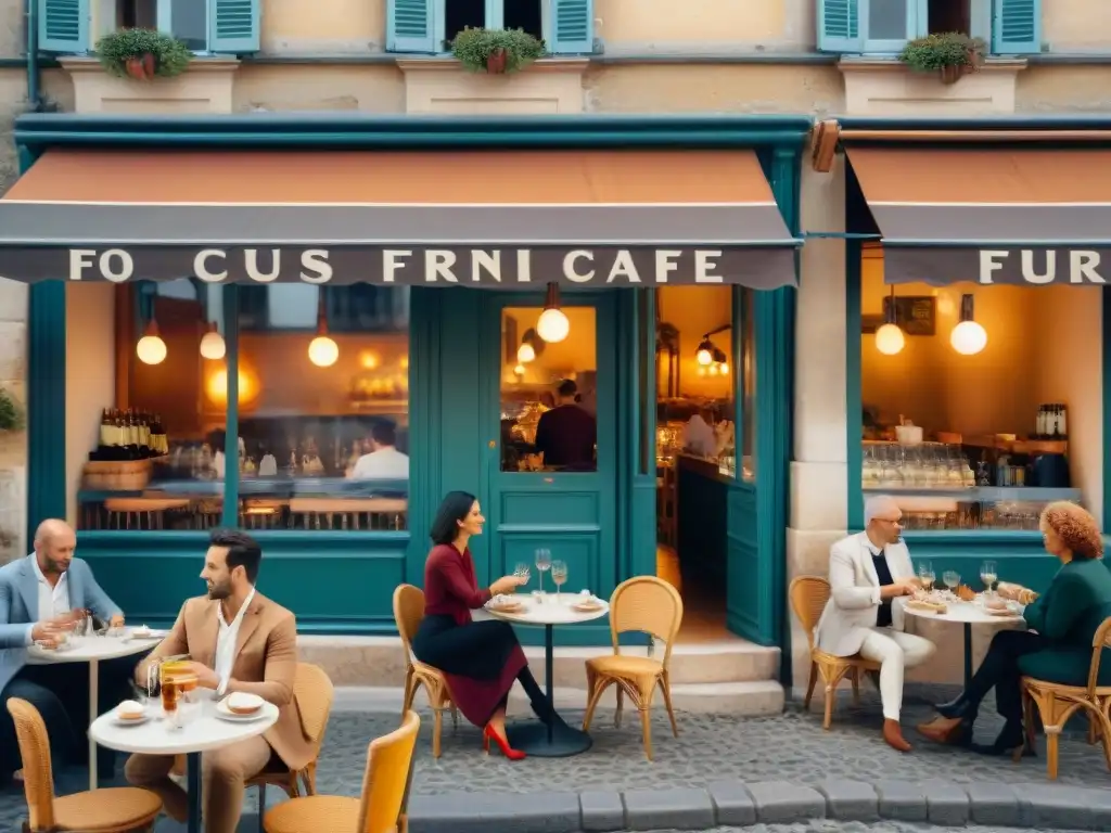 Un animado café al aire libre en Francia, con el ritual del aperitivo y gente diversa disfrutando