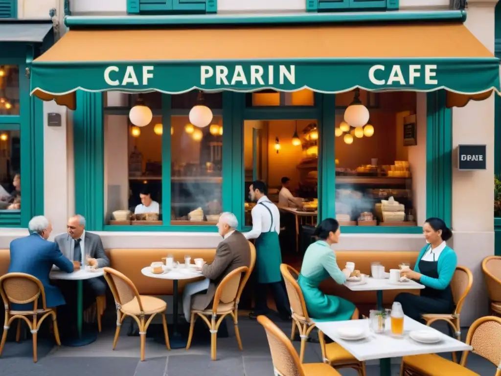 Un animado café parisino en una mañana soleada, con mesas elegantes, café au lait y croissants