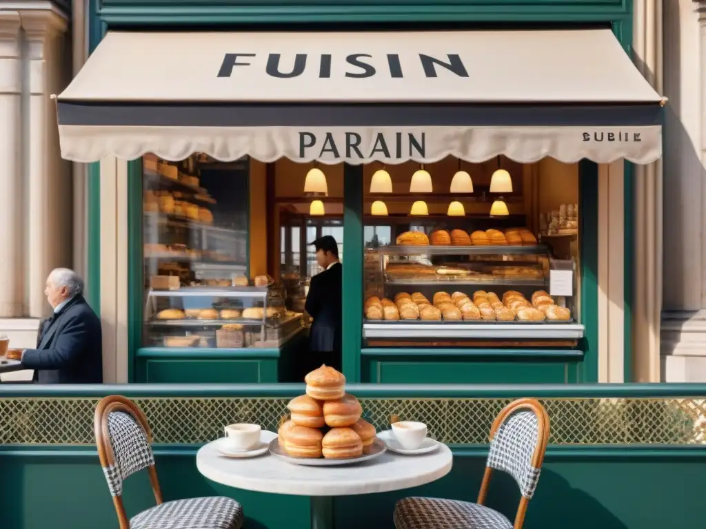 Un animado café parisino en una mañana soleada, con sillas de hierro forjado y mesas decoradas