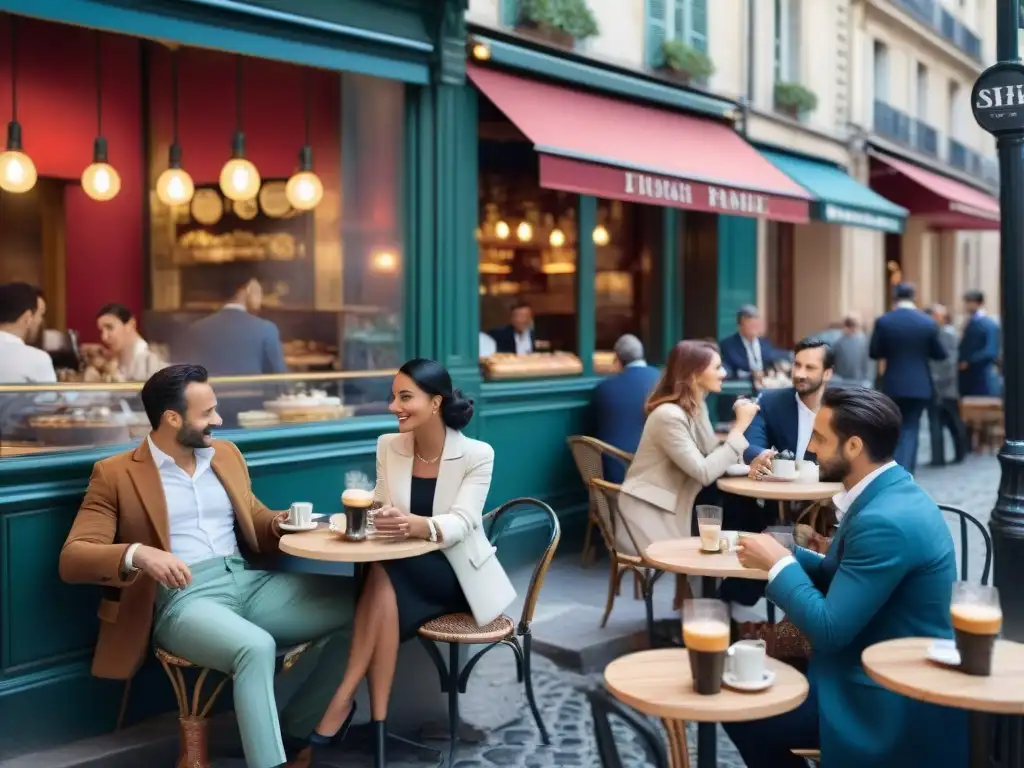 Un animado café parisino, reflejo de la cultura francesa, con elegantes clientes y camareros sirviendo café y pasteles