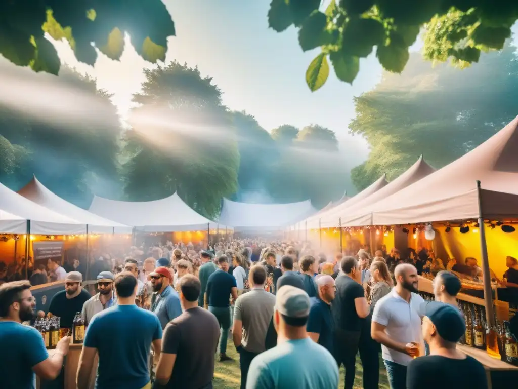 Animado festival de cervezas artesanales francesas más populares, con visitantes entusiastas y coloridos puestos de cervecerías