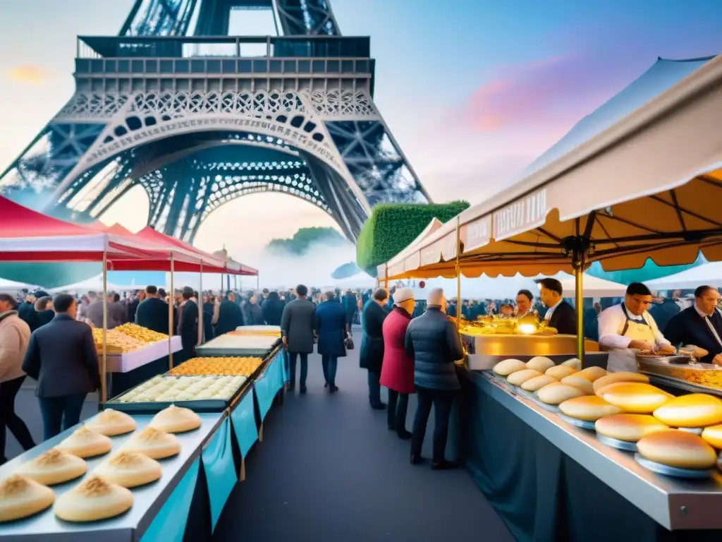 Un animado festival de comida callejera en Francia con puestos coloridos y la Torre Eiffel al fondo