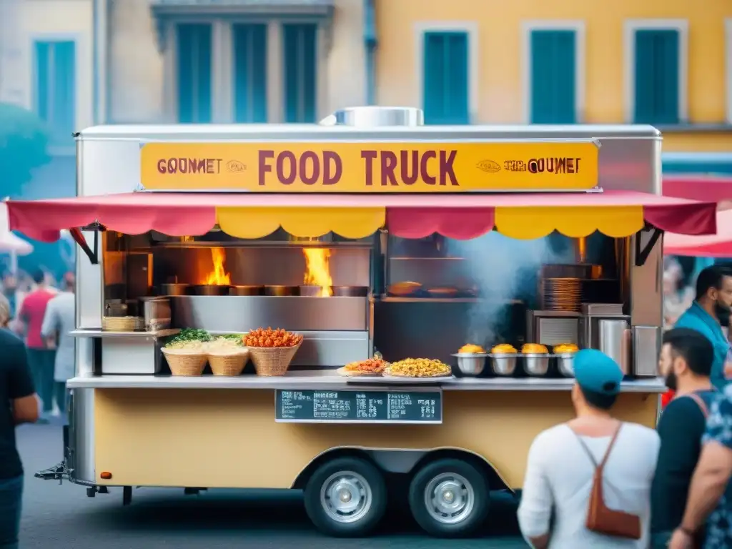 Animado festival de food trucks en Francia, fusionando gastronomía francesa con street food moderna en un escenario histórico