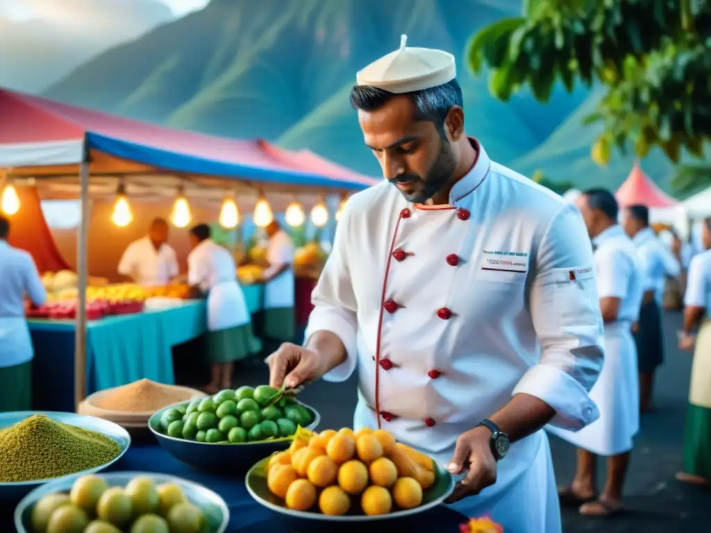 Animado festival gastronómico en la Isla Reunión con puestos coloridos de frutas tropicales, especias locales y platos criollos