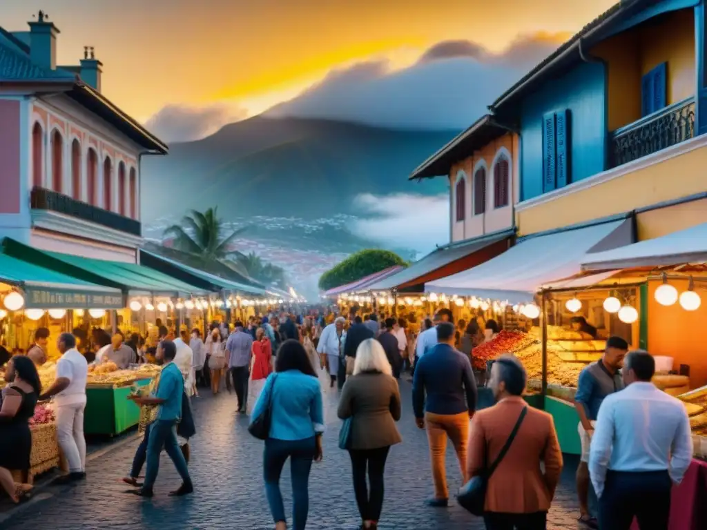 Un animado festival gastronómico en Reunión: calles rebosantes de coloridos puestos de comida y gente disfrutando al atardecer