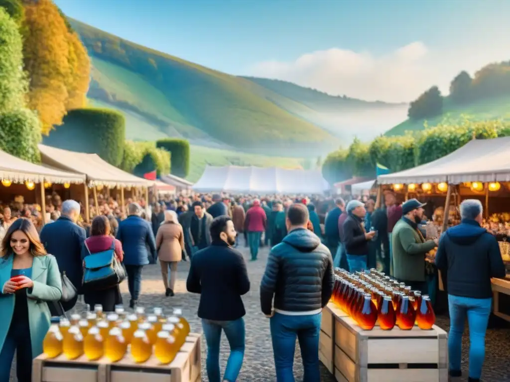 Animado festival de sidra en Francia: puestos de madera con botellas coloridas, degustaciones y colinas con huertos de manzanas