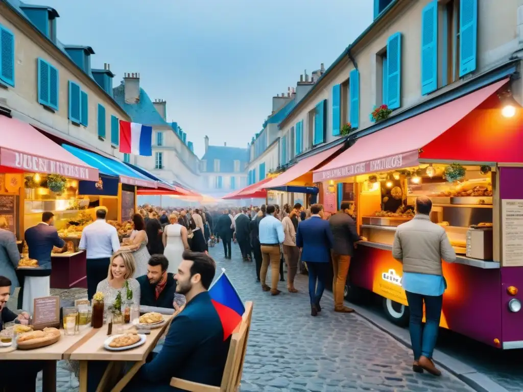 Animado festival de food trucks en Francia, con una variedad gastronómica francesa vibrante y diversa