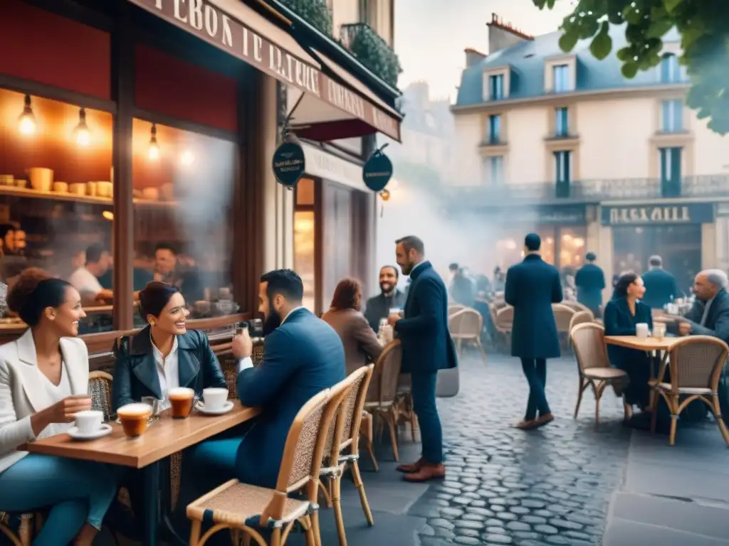 Un animado café francés en París, donde la cultura, gastronomía y sociedad se fusionan en conversaciones sobre café au lait y croissants