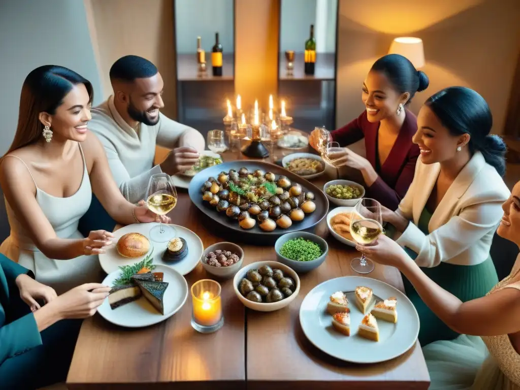 Un animado grupo de amigos disfruta de una deliciosa cena francesa en un ambiente acogedor