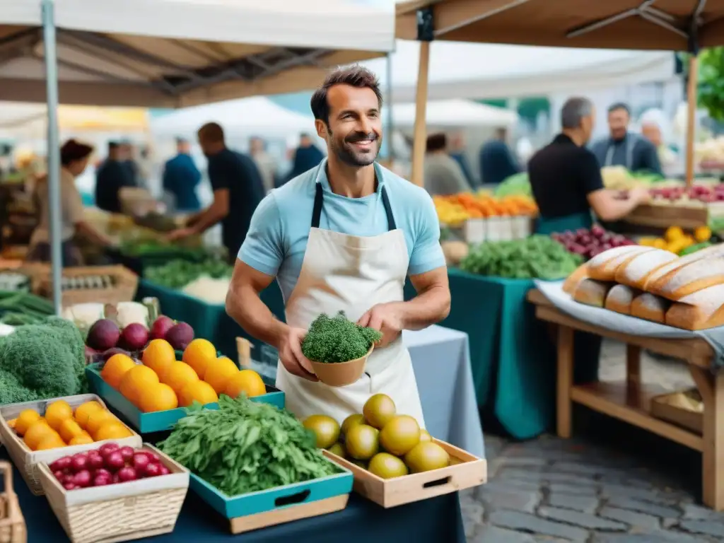 Un animado mercado de agricultores en París, con frutas y verduras orgánicas, quesos locales y pan recién horneado