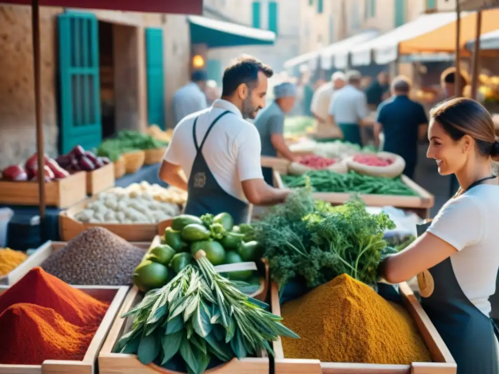 Un animado mercado de agricultores en Provence con hierbas y especias frescas, chefs locales y residentes discutiendo prácticas culinarias sostenibles