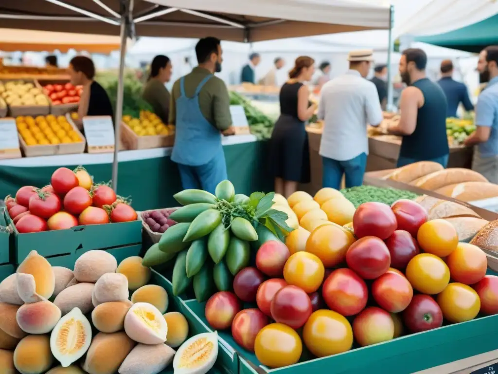 Un animado mercado de agricultores en Francia con ingredientes frescos de la cocina francesa