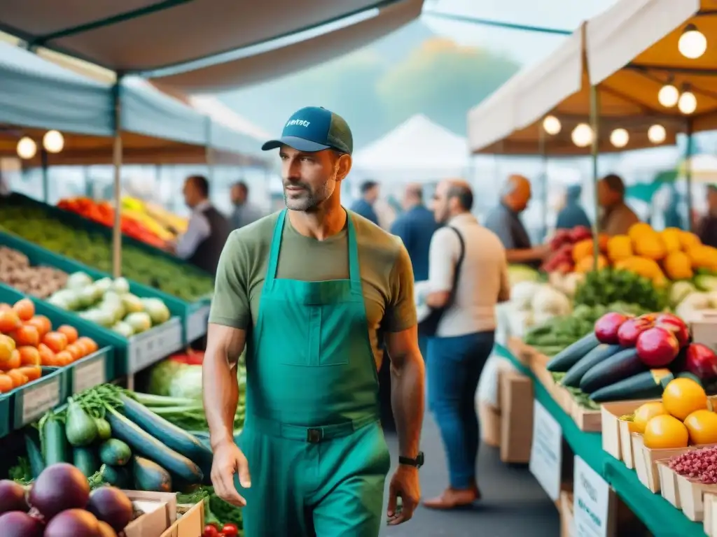 Un animado mercado de agricultores en Francia, con opciones sostenibles y sin carne