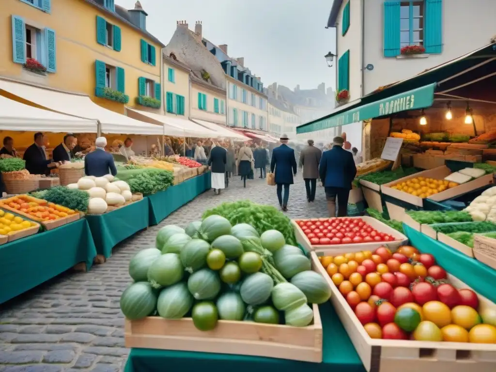 Un animado mercado de agricultores en un pintoresco pueblo francés con productos frescos y coloridos