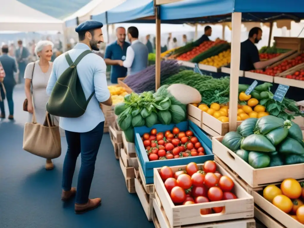 Un animado mercado de agricultores en Francia, repleto de puestos de productos locales coloridos, resalta los beneficios de la dieta francesa vegana